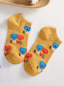 5 Pairs Heart & Letter Print Cartoon Smiling Face Shallow Mouth Socks, Breathable Thin Ankle Socks For Women, Summer - Multicolor - View 4
