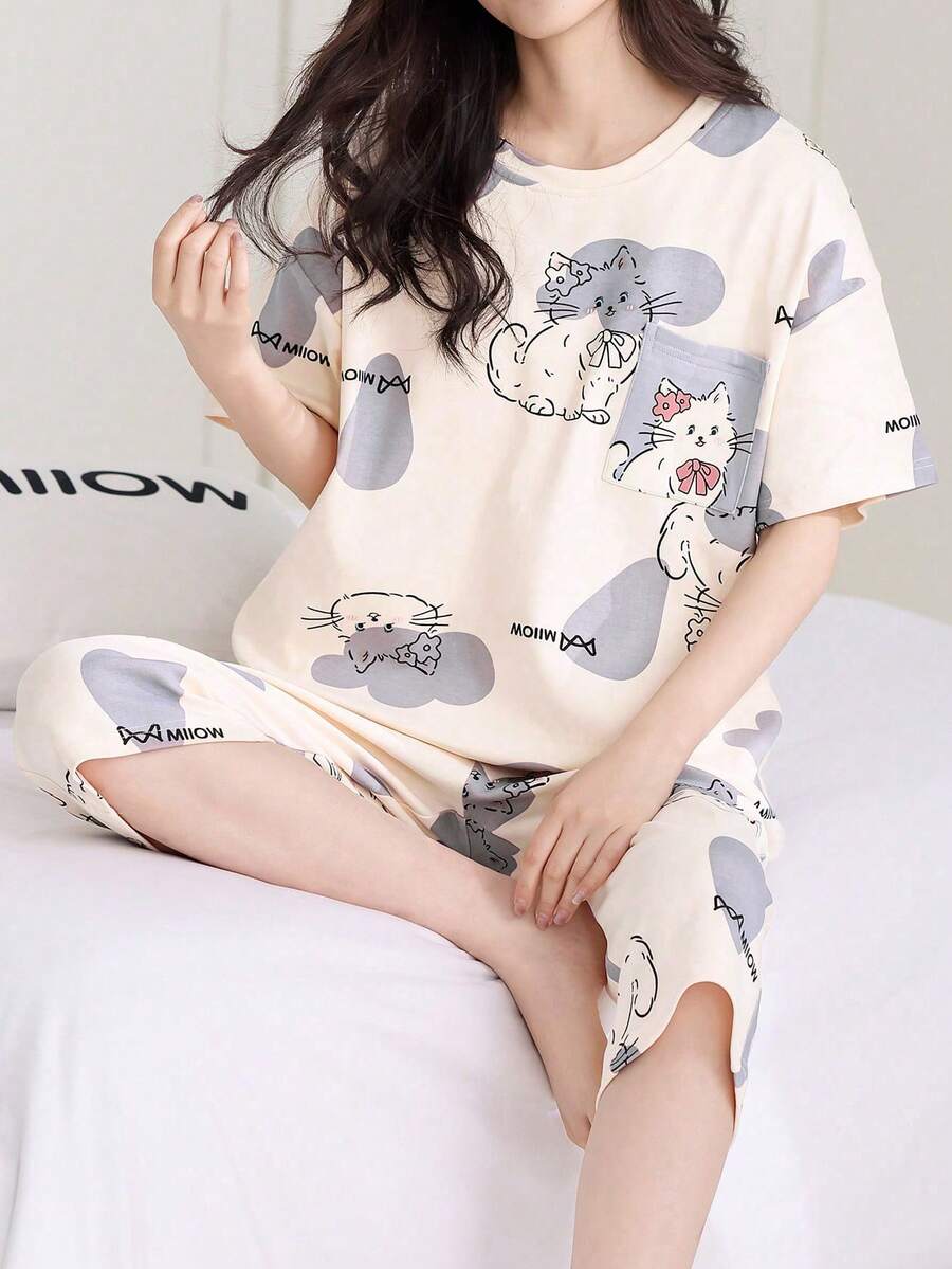 AICJ 2 chiếc áo phông hồng in hình mèo dễ thương và chữ cho nữ, quần dài 3/4/quần đùi/quần dài mặc ở nhà, bộ đồ ngủ dự tiệc mùa xuân hè cho kỳ nghỉ - Nhiều màu - Xem 1