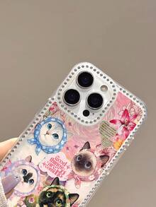 1pc Minimalist Cute Oil Painting Cat & Flower Pattern Rhinestone Full Coverage Transparent TPU Anti-Fingerprint Phone Case Compatible With IPhone 16 ProMax/16/16E/16 Pro/16 Plus/11/15/15 Pro/15 ProMax/12/13/14 ProMax/XS/XR/11 Pro/11 ProMax/12 Pro/12 ProMax/13 Pro/13 ProMax/7 Plus/14 Pro/14 ProMax/14 Plus, Soft Case - Multicolor - View 3