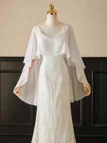 1pc Short Chiffon Bridal Cape, Women Pullover Shawl To Pair With Dress And Vest Fall Clothes Women - 黑色 - 查看 4