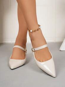 Sandalias de tacón grueso de plataforma para adolescentes, sandalias de punta puntiaguda de cuero, zapatos de estudiante con hebilla de moda y fácil de poner - Beis - Ver 5