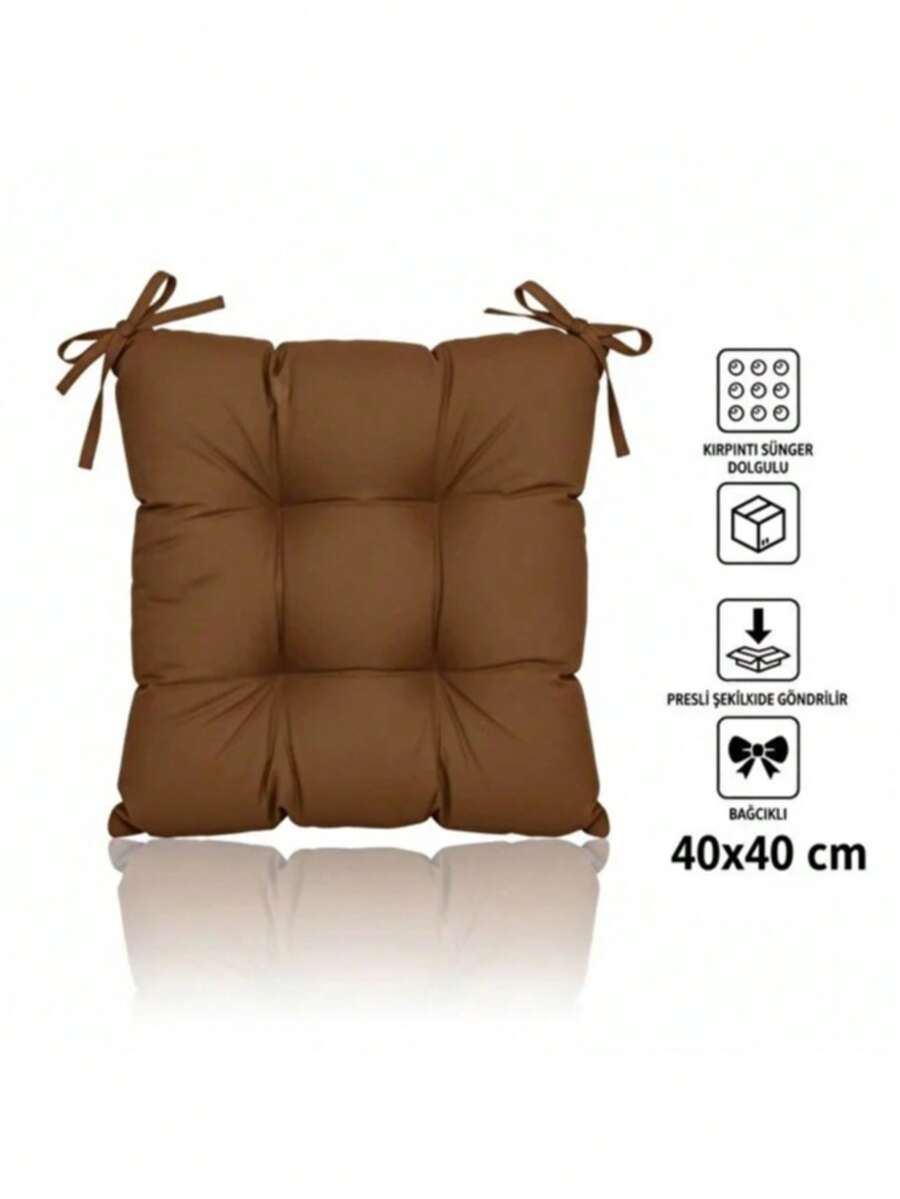 Single Chair Cushion With Ties 40x40 Cm – Soft Seat Pad With Foam Filling - Brown - View 1