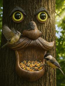 树脸造型喂鸟器 - 深色户外抱树雕塑，眼睛会发光 - 奇特的庭院装饰和野生鸟类喂食器艺术品 - 多款 - 查看 1