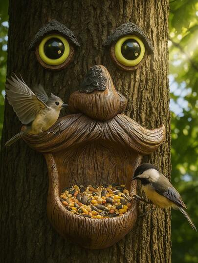 Tree Face Bird Feeder - Dark Outdoor Tree Hugger Sculpture With Glowing Eyes - Quirky Garden Decor And Wild Bird Feeder Yard Art
