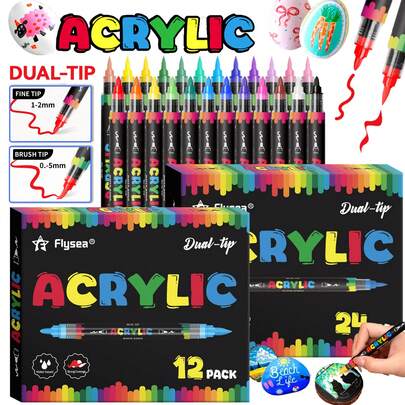12&24&48&60&72 Colors Dual Tip Markers, Self-Inking Brush & Fine Tip, Water-Based Acrylic Paint Pens, High Coverage, Suitable For Black Paper & Stone Painting, Applicable For DIY Crafts On Plastic, Glass, Metal, Bamboo, Canvas, Rock, Ceramic, Fabric And More, Also Suitable For Professional Art Painting