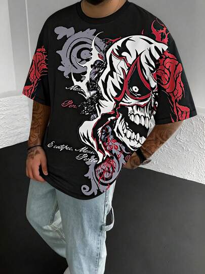 男士哥特式暗黑骷髅撞色圆领短袖T恤，夏季新款