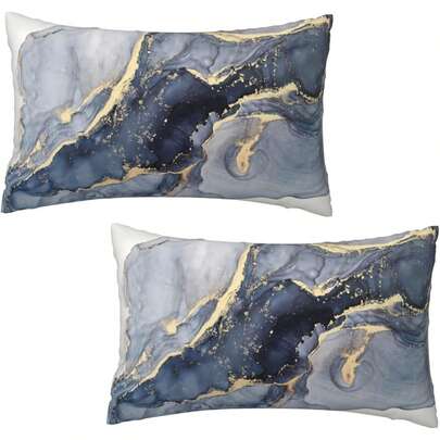 1件/2件装 现代抽象大理石蓝金图案枕套靠垫套 30.48 x 50.80 厘米 柔软靠垫套 2件套 适用于沙发、床、卧室、汽车座椅、客厅、家居装饰