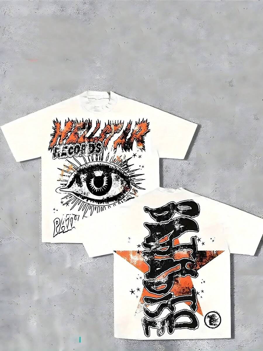 100% Cotton Men's Y2K Fashion Clothing, Comfortable All-Season Top With Eye & Star Print, Men's Street Casual Wear, Unisex Sports Crew Neck Tee - 白色 - 查看 1
