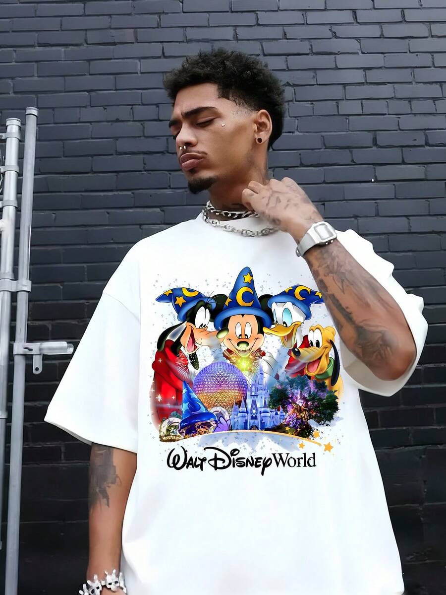 Disney Authorized Mickey Mouse Cartoon Pattern And Disney World Letter Print, Men's Black Pure Cotton Short Sleeved T-Shirt, Breathable White Short Sleeved Shirt, Suitable For Summer Wear, Neutral, Regular Round Neck Casual Style, Washable, Comfortable And Loose. - 白色 - 查看 1