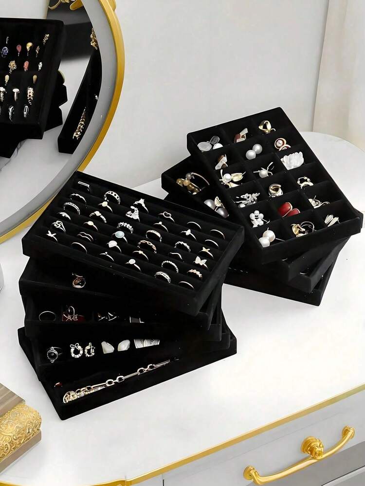 9/1 Set Velvet Jewelry Tray, Stackable/Detachable Drawer Jewelry Storage Box, Jewelry Display Tray, Jewelry Organizer Box, Suitable For Rings, Earrings, Necklaces, Jewelry, Necklaces, Rings, Lipsticks, Watches, Small Accessories, Cosmetics, Eyeshadow Palettes, For Bedroom Drawers, Jewelry Display Stand, Jewelry Storage Cabinet, Vanity, Makeup Desk, Valentine's Day Jewelry Storage, Valentine's Day Gift, Holiday Gift, Jewelry Party - Black - View 4