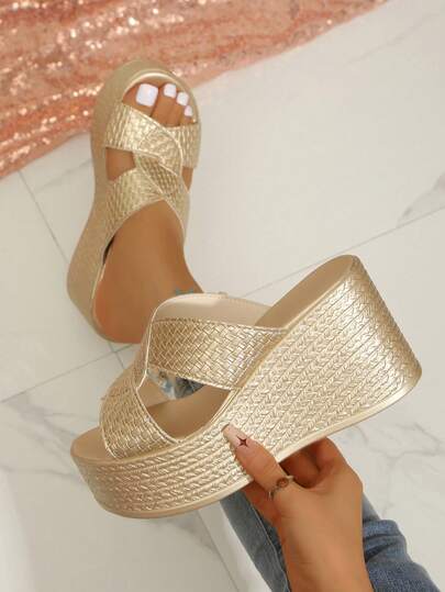 Women's Bohemian Style Solid Color Elegant Wedge Sandals, Minimalist & Comfortable, High-Quality Textured Leather, Suitable For Summer Outdoor, Beach, Vacation And More Occasions