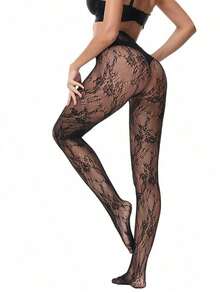 1 Pair European & American Style Women Floral Jacquard Pantyhose, Hollow Out Lace Fishnet Stockings - 黑色 - 查看 5