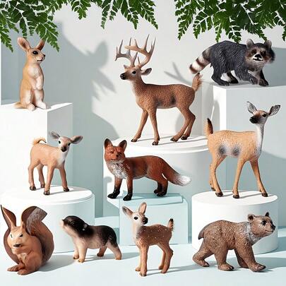 Bộ 10 mô hình động vật rừng hoang dã bằng nhựa PVC cứng cáp, mô phỏng chân thực, bao gồm hươu đuôi trắng, cáo đỏ, sóc, gấu trúc, lợn mini, thỏ, hươu Sika. Lý tưởng để trang trí bể cá, nhà cửa, bàn làm việc, thích hợp cho các dịp lễ như Ngày Thánh Patrick, Ramadan, Lễ Phục Sinh, Lễ Tốt nghiệp, Sinh nhật, Trang trí đám cưới.