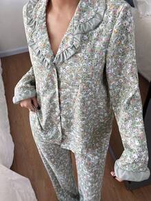 Dreamivo 绿色樱花印花荷叶边女士长袖睡衣套装 - 綠色 - 查看 4