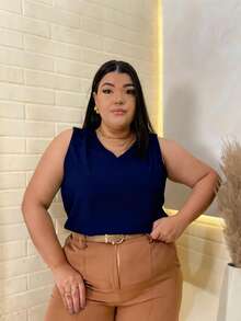 Plain Tank Top, Sleeveless Blouse, Plain Crepe Fabric, With 4 Buttons, Plus Size G1G2G3 46-52, Casual Women's - 62-海軍藍 - 查看 1