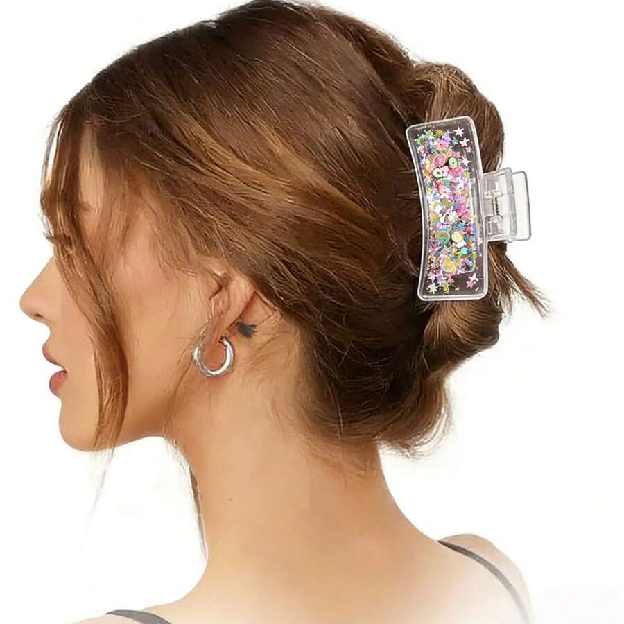 2pcs Summer New Style Liquid Sand Star Glitter Hair Clamps, Transparent Versatile Fruit Hair Claw, Sweet And Cool Girly Atmosphere Super Cute Hair Accessories - Multicolor - View 1