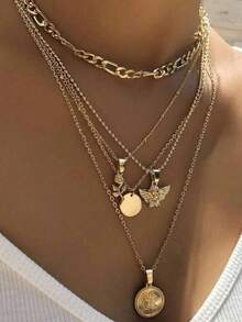 1pc Fashionable Versatile Rose Flower Angel Multilayer Pendant Necklace, Suitable For Women's Daily Wear, Mother's Day Gift - Gold - View 1