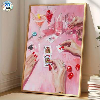 Tranh in trên vải canvas chủ đề "Đêm chơi Poker" - Bàn màu hồng với sơn móng tay đỏ, ly cocktail và xúc xắc, tranh trang trí nghệ thuật hiện đại, thích hợp cho quán cà phê, nhà cửa, phòng ngủ, phòng khách, nhà bếp, phòng tắm, văn phòng, trang trí nhà, trang trí phòng ngủ, trang trí tường - lựa chọn lý tưởng cho bạn bè.