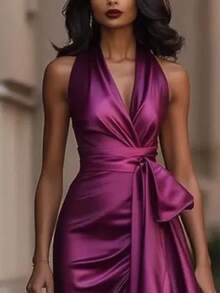 女士高端纯色V领露背设计腰部荷叶边不对称高开衩连衣裙 - 约会和派对必备 - 玫紅色 - 查看 2