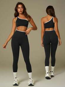 UONNOU 两件套女士无缝单肩露脐运动上衣+高腰塑形紧身裤套装，时尚健身瑜伽休闲服 - 黑色 - 查看 2