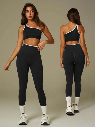 UONNOU Women's 2 Pieces Seamless One-Shoulder Crop Sports Top & High-Waist Butt-Lifting Leggings Set, Fashion Activewear For Gym, Yoga, Workout & Daily Casual Wear