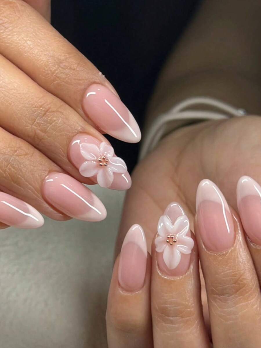 Enhance Your Elegance, Fashionable Fake Nails, 24pcs Almond-Shaped Manicure, Pink Nail Plates For Girls, 1pc Jelly Gel + 1pc Nail File - Multicolor - View 1