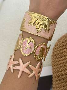 1pc Fashionable Stainless Steel 18K Gold Starfish Shell Flower Design Bracelet, Suitable For Beach Vacation - Gold - View 2