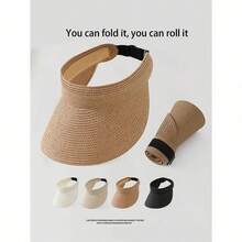 1pc Fashion Straw Sun Visors For Women Wide Brim Hats Roll-Up Foldable Summer Beach Visor Hat - 彩色 - 查看 1