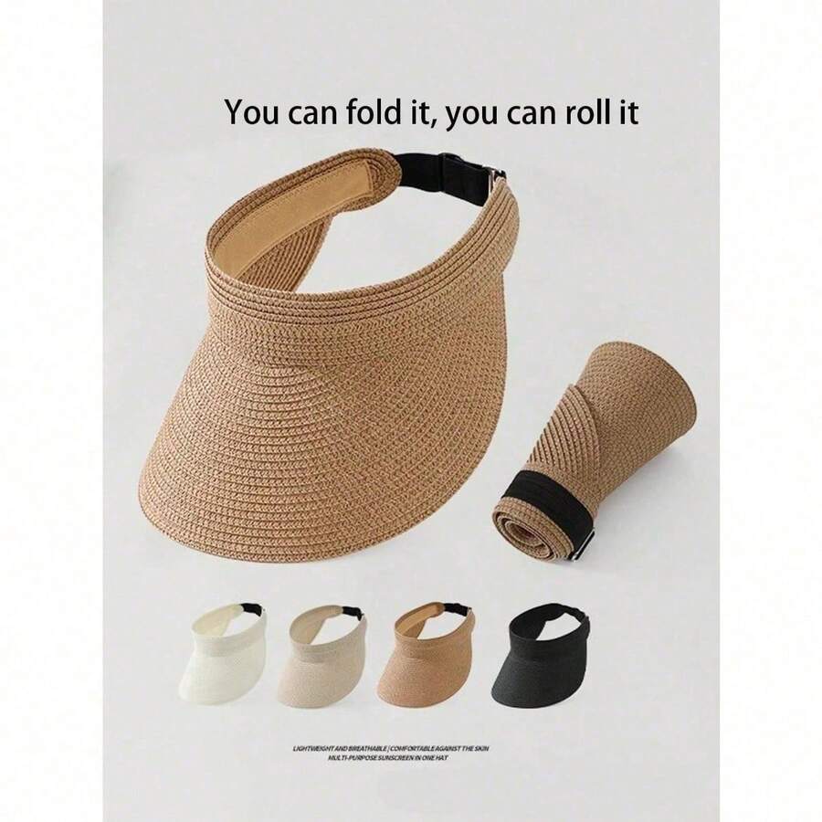 1pc Fashion Straw Sun Visors For Women Wide Brim Hats Roll-Up Foldable Summer Beach Visor Hat - 彩色 - 查看 1