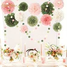 8/16 件装 DIY 粉色苔藓绿纸巾绒球纸花，10/8/6 英寸粉色和绿色系列纸花，适合波西米亚风格、中性色调、婴儿派对、婚礼、订婚、生日、春夏派对装饰、室内外背景装饰、悬挂式装饰纸花。 - 粉綠色 - 查看 5