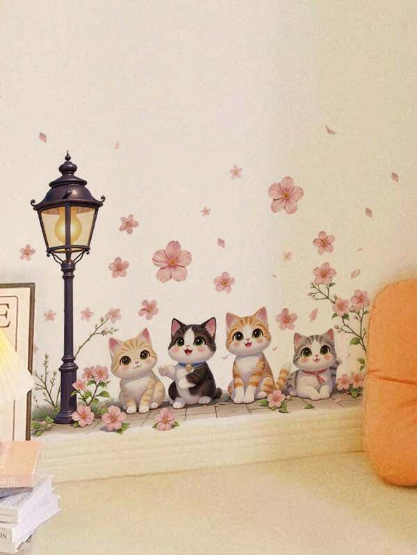 1个可爱粉色樱花灯柱墙贴，可移除卧室客厅墙贴装饰