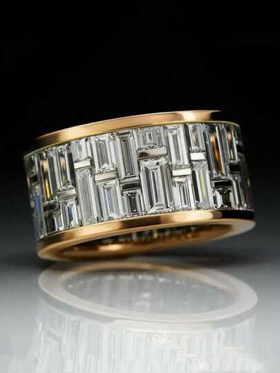 1pc Luxury Wide Eternal Ring Suitable For Women & Men - Two-Tone Synthetic Zirconia Wedding/Engagement Ring, Anniversary Gift,Classic Vintage Promise Ring