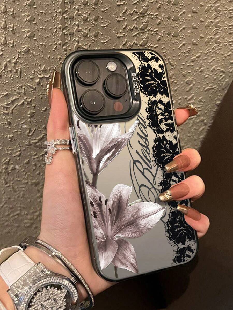 字母花卉蕾丝图案手机壳，兼容 13、14 Pro Max、17、17 Pro Max、13 Pro Max、12、11 - 黑色 - 查看 1