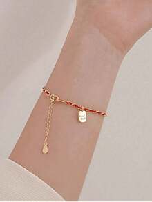 1pc S925 Sterling Silver New Chinese Style Rectangular "Goodluck" English Bracelet, Women's Fashion Unique Personalized Braided Red Rope Student Best Friend Delicate Jewelry Gift - Square - View 1