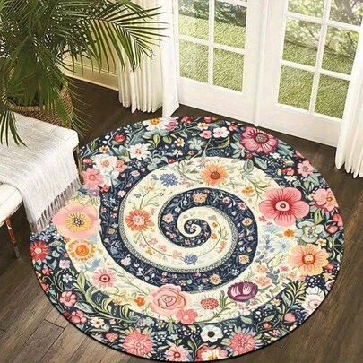 1pc Floral Swirl Round Floor Mat, Lightweight And Machine Washable, Home Decor, Retro Nostalgic Style, Creates A Warm And Artistic Atmosphere, Suitable For Living Room, Bedroom Or Study, Living Room Area Rug, Small Area Rug, Carpet, Home Decor, Large Living Room Carpet, Round Carpet, Living Room Home Decor, Room Decor, Washable Carpet, Makes A Thoughtful Housewarming Or Birthday Gift