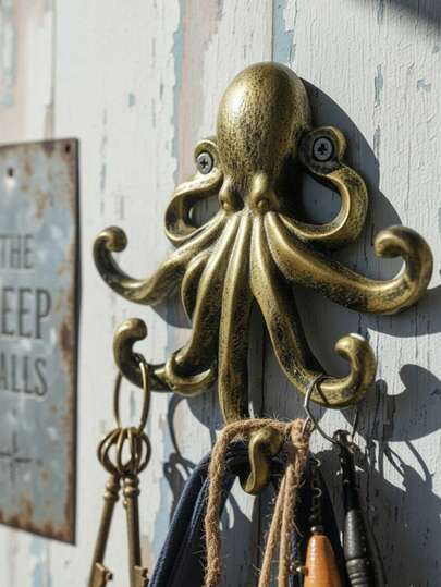 1pc Octopus Shaped Wall Hook, Cast Iron Decorative Hanging Hook With 5 Hooks And Mounting Screws, Vintage Nautical Style, Suitable For Living Room, Garden, Entryway, Strong Load-Bearing, Can Hang Keys, Coats, Towels, Umbrellas, Etc.
