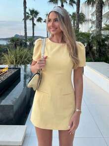 HH Women's High Waist Round Neck Petal Sleeve A-Line Dress, Black Elegant Evening Gown Summer Yellow - Yellow - View 6