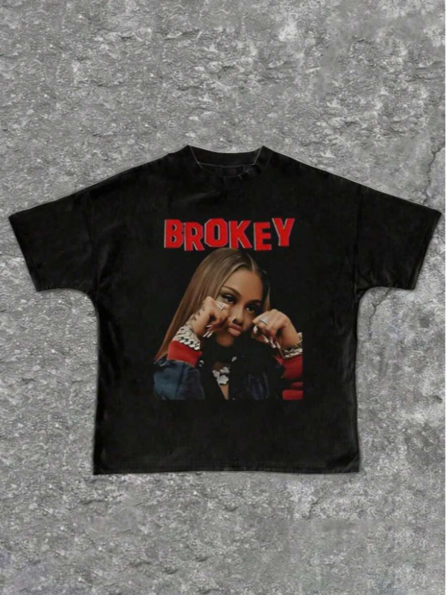 Loose Y2K Stylish Letter Print T Shirt - Casual Round Neck,Short Sleeves,Machine Washable - Suitable For Spring/Summer/Autumn,Fashion Style - Black - View 1