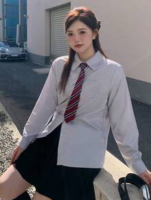 Women's Long-Sleeved Shirt, Regular Collar, Solid Color, With Pocket, Comes With A Striped Tie Set, Slim Fit, Flattering Silhouette, Light Blue, Casual, Office, School, Daily Wear, Date, Spring, Summer, Autumn, Winter, Easy To Wear. - Blue - View 3