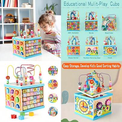 CdbdfsQilay Wooden Activity Cube For Toddlers Large 5 In 1 Multipurpose ABC-123 Abacus Bead Maze Shape Sorter Early Educational Toy For Toddlers - First Birthday Present For Boys Girlsfhrsdf