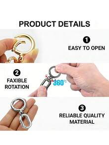 金属旋转龙虾扣DIY五金套件，360°旋转弹簧钩和椭圆形弹簧夹套装，重型防锈合金钥匙扣连接器，适用于挂绳、钥匙圈、包带和工艺配件，多用途旋转钩，适用于手提包、背包、钱包、手机挂饰、宠物牵引绳和行李带，男女皆宜的DIY工艺用品，是旅行装备、维修项目、圣诞节、生日和母亲节礼物的理想之选。 - 彩色 - 查看 4