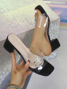 Dép xăng đan đế dày gót cao kiểu Pháp khóa pha lê dành cho nữ cỡ lớn, kiểu dáng tối giản, đa năng, bằng da lộn, mũi tròn, thoải mái, chống trơn trượt, thích hợp cho tiệc tùng hoặc đi biển. - màu đen - Xem 1