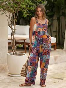 Bohemian Women's Loose Floral Bib Overall Jumpsuit With Pockets Patchwork Wide Leg Adjustable Strap Beach Vacation Outfits Summer - 橘色 - 查看 5