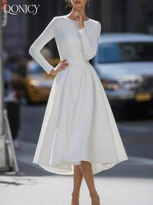 DONICY 优雅女士连衣裙,春夏纯色圆领系腰A字中长连衣裙,时尚简约优雅通勤白色连衣裙,休闲、商务、通勤、外出、情人节、嘉年华皆宜 - 白色 - 查看 6