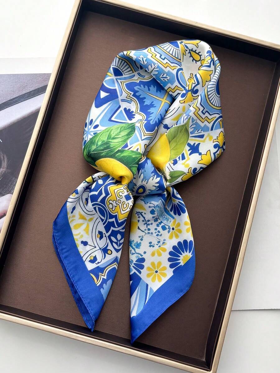 1 buah Syal Ringan Motif Jeruk Lemon Prancis, Syal Kepala Mirip Sutra untuk Wanita, Cocok untuk Pantai, Jalanan, Sehari-hari, Liburan, Pita Dekoratif - FG158-3 Biru - View 1