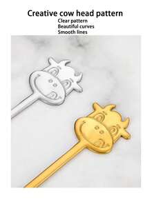 1/5pcs 304 Stainless Steel Premium Coffee Spoon, Creative Ox Head Shaped Dessert Mixing Round Spoon - View 5