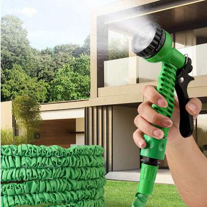 1 Set de Manguera de jardín flexible y expandible de color verde con boquilla ajustable de 7 en 1, adecuada para limpieza de pisos, riego de jardines, irrigación de césped, cuidado de plantas del patio, lavado de autos, baño de mascotas, uso durante todo el año