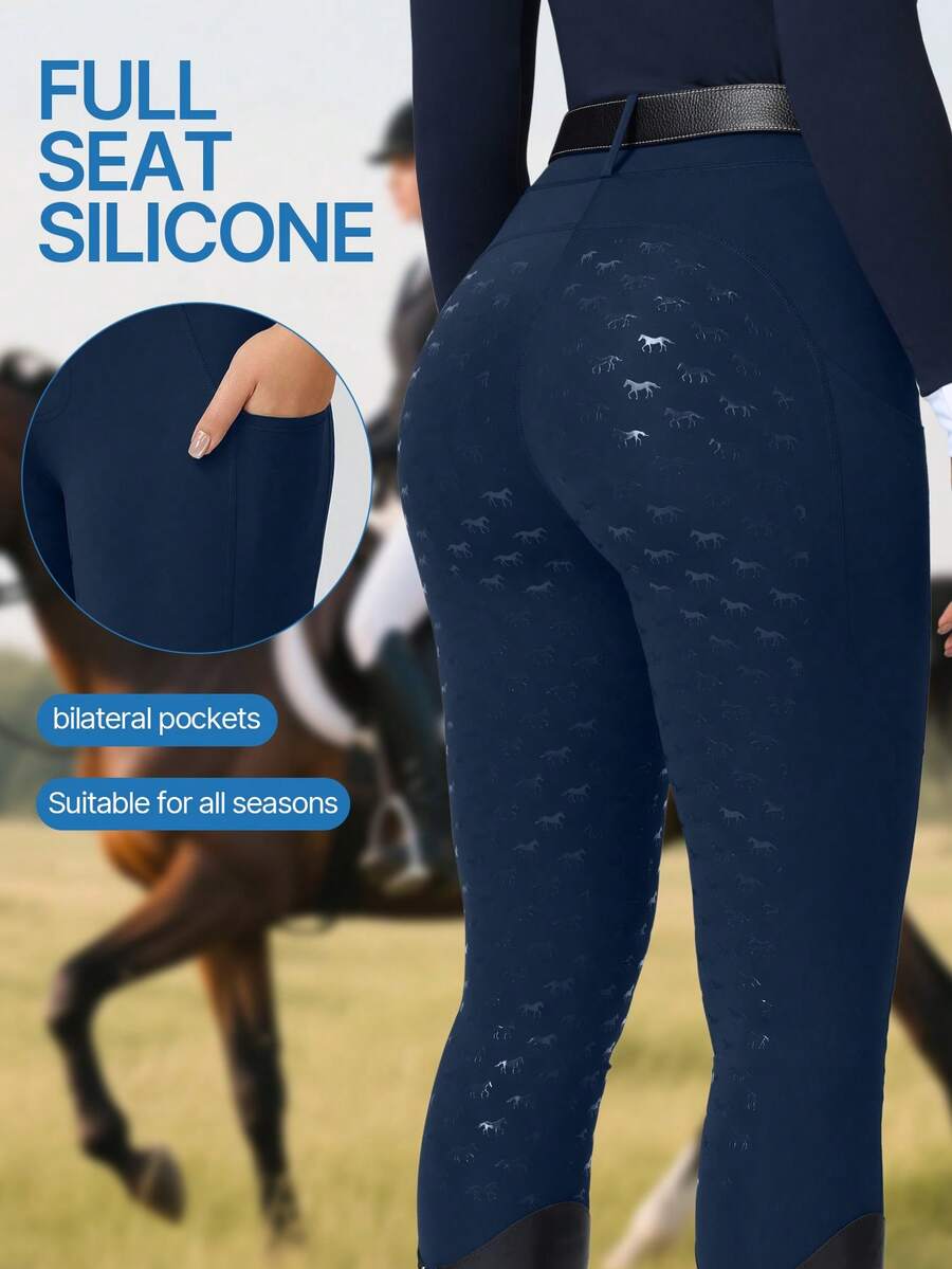 ROYALS MATTINI Women's High Waisted Slim Fit Equestrian Pants With Full Seat Silicone Grip And Convenient Pocket, Professional And Comfortable Riding Tights, Suitable For All Seasons (Belt Not Included) Spring Sports - Navy Blue - View 1
