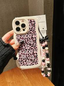 Leopard Print Bowknot Pattern Shockproof Full Coverage Soft Phone Case With Cute Black Bear Bow Lanyard, Suitable For IPhone 17 Pro Max/16 Pro/15/14 Pro Max/14 Pro/14/13/12 Pro/12/11 - Multicolor - View 1