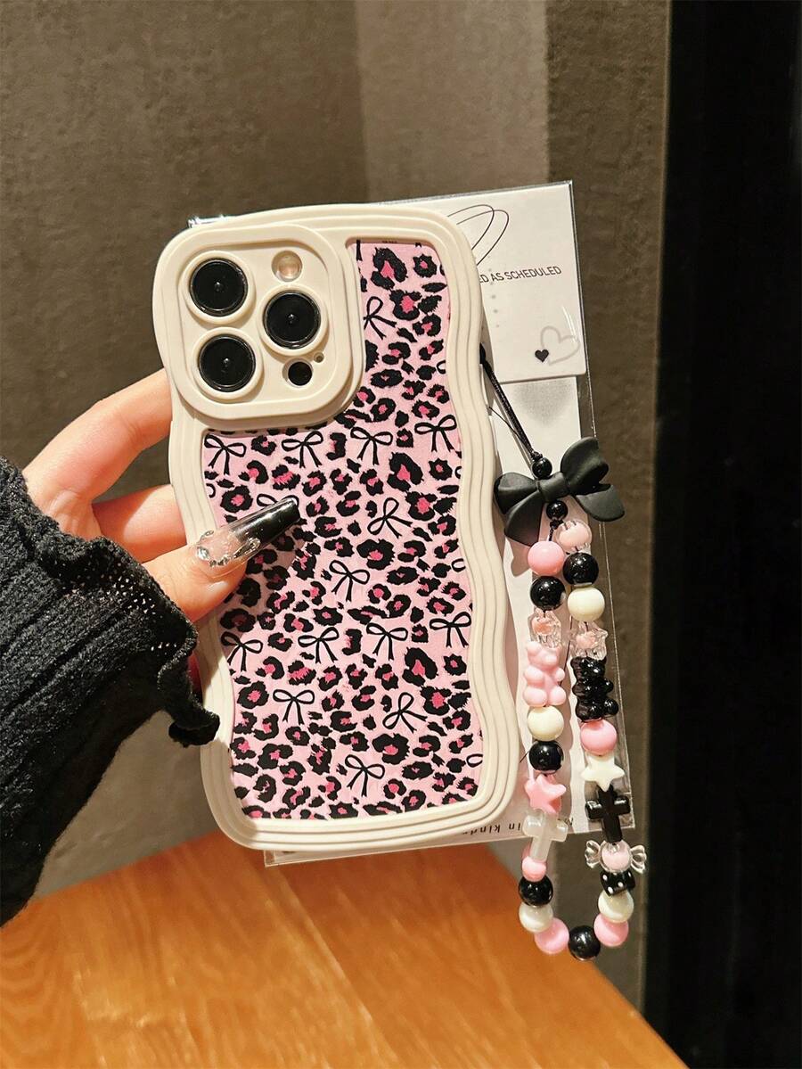 Leopard Print Bowknot Pattern Shockproof Full Coverage Soft Phone Case With Cute Black Bear Bow Lanyard, Suitable For IPhone 17 Pro Max/16 Pro/15/14 Pro Max/14 Pro/14/13/12 Pro/12/11 - Multicolor - View 1